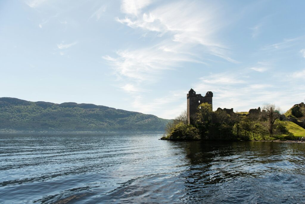 Ruined castle on a small peninsula overlooking Loch Ness in Scotland.