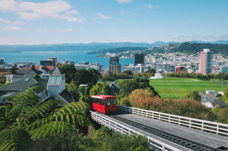 Red cable car overlooking Wellington city and harbour in New Zealand.