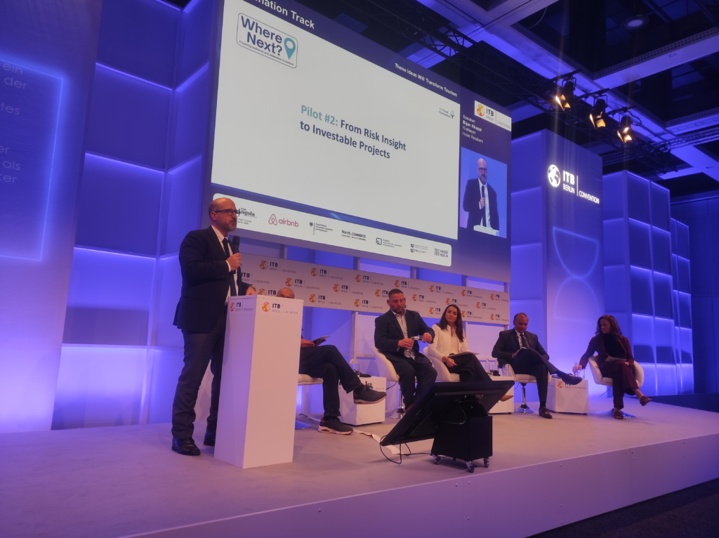 Bijan Khazai of Risklayer presents the “From Risk Insight to Investable Projects” pilot during a panel session at the ITB Berlin Convention.